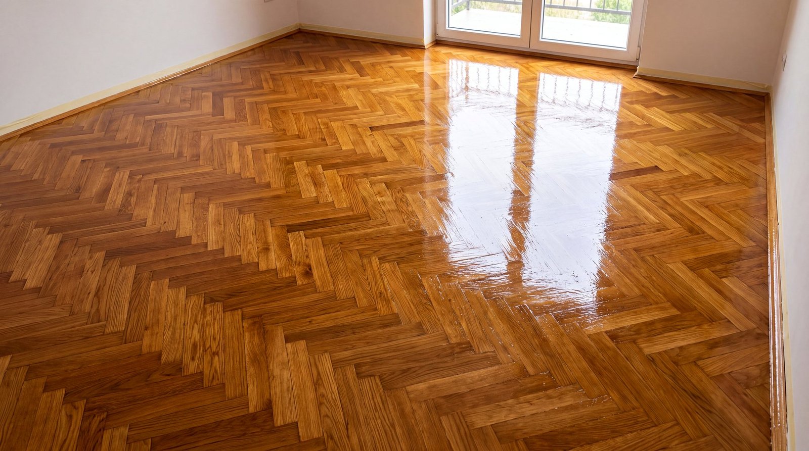 Parquet de roble en espiga recién acuchillado y barnizado